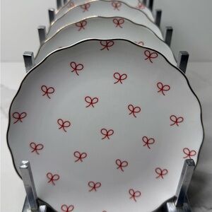 4 Pink Coquette Bows on White Appetizers Scallop Trim Godinger Bridal Baby